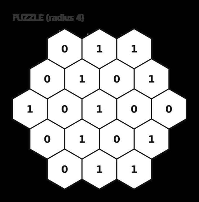 A solved radius-4 HEXBUS puzzle